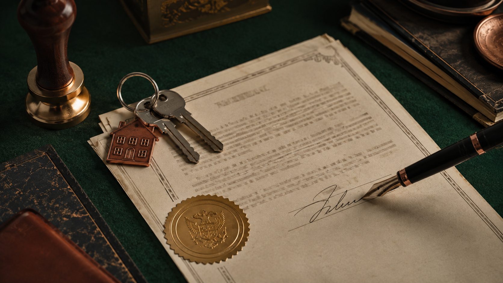 Property deed, keys, and notary seal on a desk
