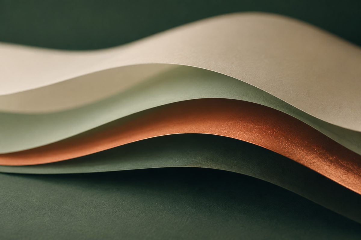 Layered cream, green, and copper paper forming a wave