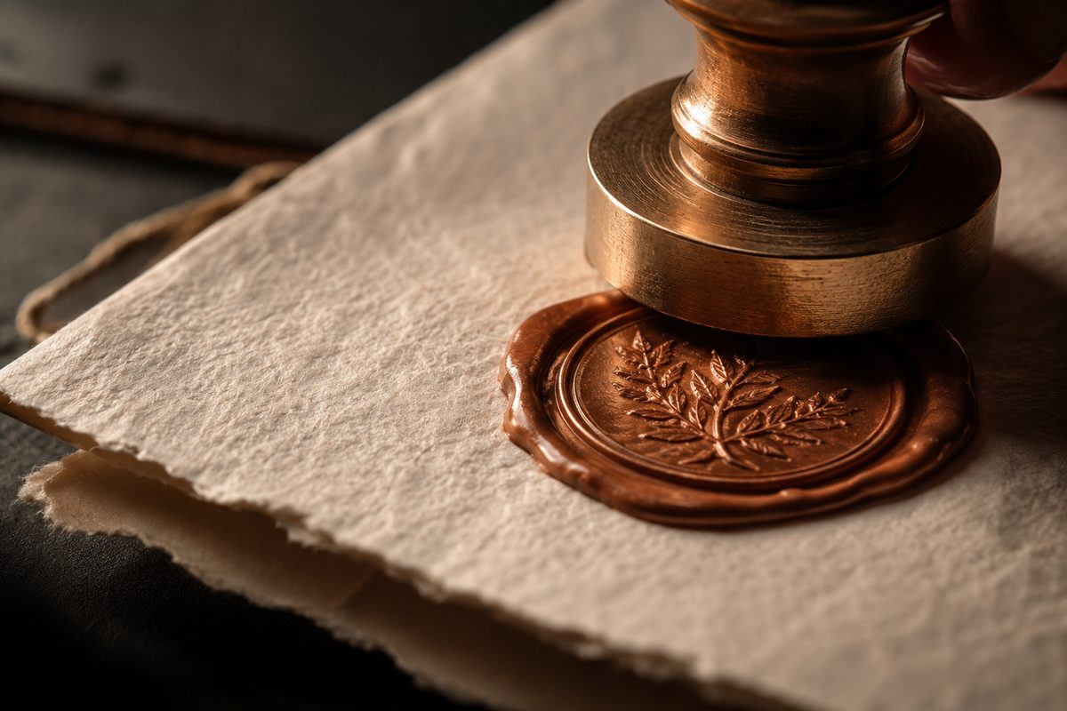 Copper wax seal being pressed onto handmade paper